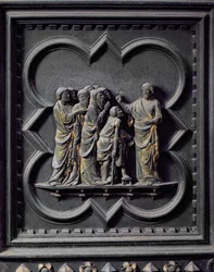 Los discípulos visitan a Jesús, decimocuarto panel de las Puertas del Sur del Baptisterio de San Giovanni, 1336